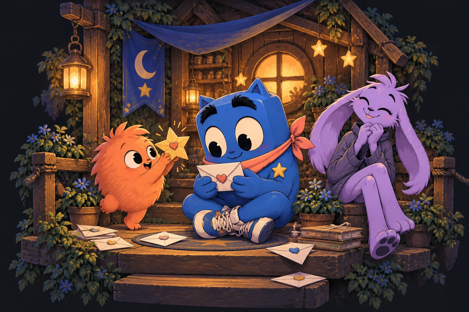 A small friend gives the blue community helper a paper star and a thoughtful letter.